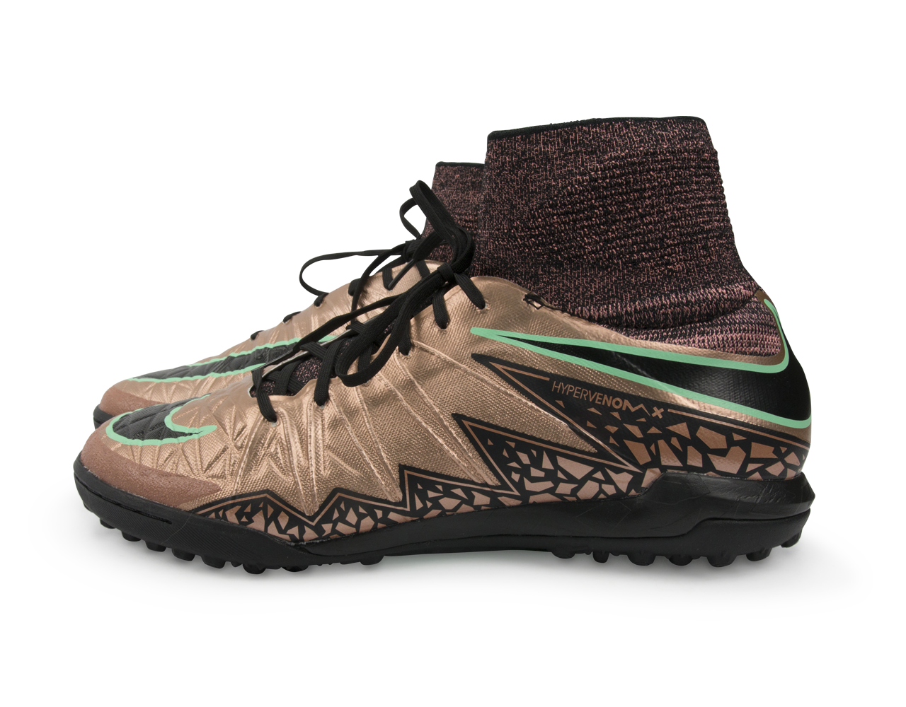Nike Men's HypervenomX Proximo Turf Soccer Shoes Metallic Red Bronze/Green Glow/Black