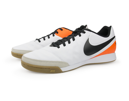 Nike Men's Tiempo Genio II Leather Indoor Soccer Shoes White/Black/Total Orange