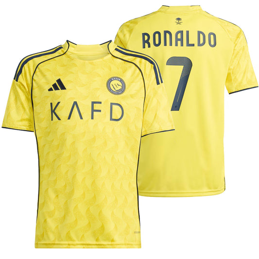 adidas Kids Al Nassr 2025/26 Home Jersey w/ Ronaldo #7 Printing Impact Yellow/Night Indigo