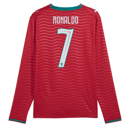 PUMA Men's Portugal World Cup 2026 Home w/ Ronaldo #7 Printing Long Sleeve Red/Green Lagoon