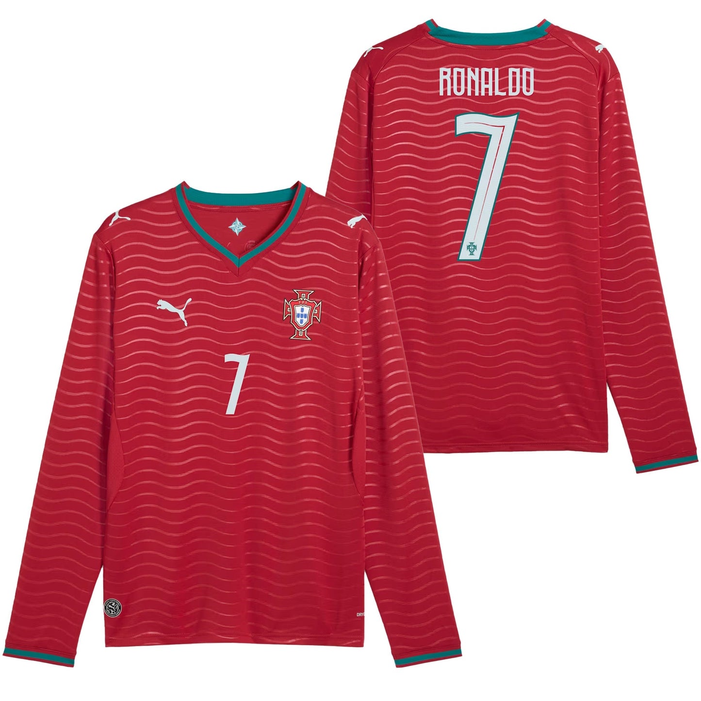 PUMA Men's Portugal World Cup 2026 Home w/ Ronaldo #7 Printing Long Sleeve Red/Green Lagoon