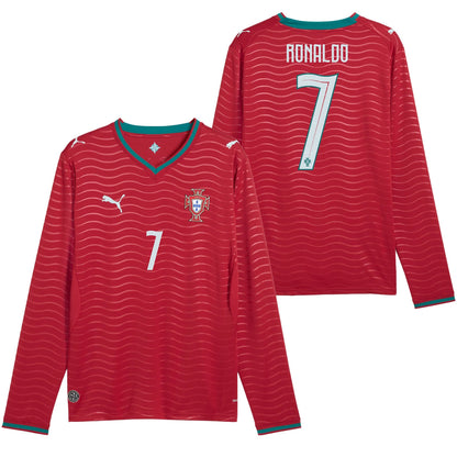 PUMA Men's Portugal World Cup 2026 Home w/ Ronaldo #7 Printing Long Sleeve Red/Green Lagoon