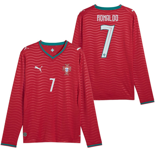 PUMA Men's Portugal World Cup 2026 Home w/ Ronaldo #7 Printing Long Sleeve Red/Green Lagoon